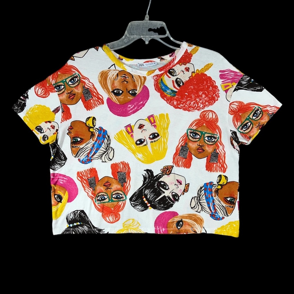 ZARA Women’s White Graphic Face Prints Crop Shirt Size S Short Sleeve Casual Top